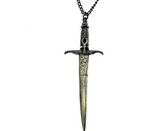 Long Silver Sword Necklace, Silver Sword Pendant Necklace, Long Silver Chain Necklace, Silver Pendant Necklace