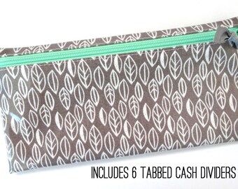 Cash organizer for Dave Ramsey budget | 6 wallet dividers | gray leaves laminated cotton