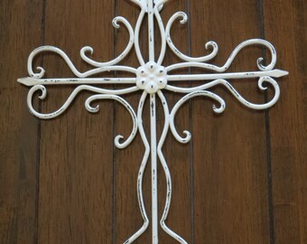 Cross Wall Decor / Antique White or Pick Color / Metal Cross / Christian Decor / Religious Decor / Cross Hanging / Shabby Chic Style