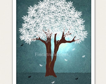 Moonlit Tree Blue Modern Wall Art Print 8x10