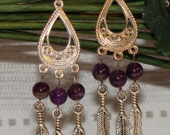 Amethyst and Feather Earrings