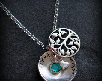 Family Tree Locket Name Birthstone Hand Stamped Personalized Mother Grandmother necklace