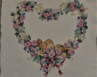 Finished Cross Stitch Heart with Birds