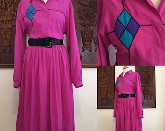 Vintage 80s / Willi of California / Hot Pink / Long Sleeve / Light Weight / Diamond / Secretary Dress / Large