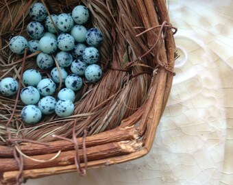 Speckled Eggs - Czech Glass Round Beads - Matte Robin Egg Blue, Black Speckles - Bird, Nest, Nature Beads - 6 mm - Qty 30