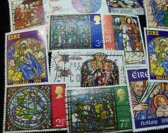 20 Christmas Postage Stamps, Stained Glass Stamps, Vintage Stamps, Used Stamps,Stained Glass