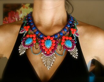 Custom Vintage Hand Painted Rhinestone Statement Necklace - Tom Binns look