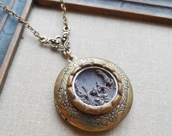 Antique Button, Locket Necklace, Flower Swag, Gray Tint, Brass Rim, Tin Rim, Timeless Trinkets