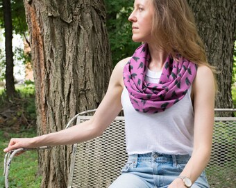 Magenta Feathers Infinity Scarf - Womens Circle Scarf - Lightweight Loop Scarf - Boho Bohemian Eternity Scarf