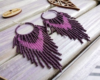 Beaded hoop earrings Beaded earrings tassel Lilac boho earrings Fringe earrings Gift earrings Seed bead hoops Beaded hoop earrings