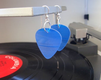 Blue Vinyl Record Earrings - Handmade Guitar Picks made from Vinyl Records - Fashion Gift for Rockers, Musicians - Hit Record Earrings