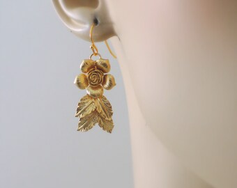 Gold Earrings - Flower Earrings - Wedding Earrings - Dangle Earrings - Handmade Jewelry