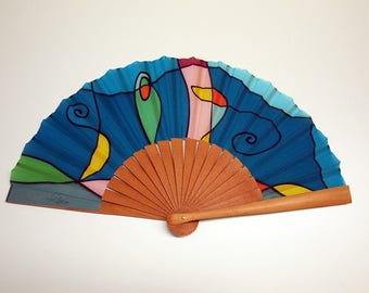Handpainted Silk hand fan- Wedding hand fan-Abanico- Giveaways-Bridesmaids- Spanish hand fan-Blue-Pink-Green 14 x 7.5 inches (35 cm x 19 cm)