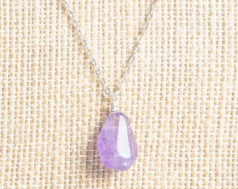 Long Purple Amethyst pendant sterling silver necklace, birthstone, semiprecious