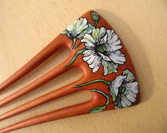 Wooden Hair Fork Plum Wood Hair Accessories Handmade Pyrography Acrylic Paint White Poppies BastianArtAccessories FREE SHIPPING WORLDWIDE