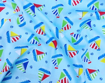 HALF PRICE SALE! Blue and red nautical boats sailing 100% quality cotton fabric by Rose & Hubble by half metre