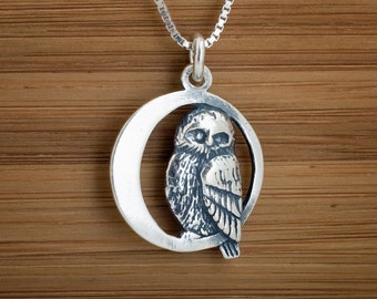 STERLING SILVER Owl in the Moon double sided, My ORIGINAL Pendant Necklace or Earrings- Chain Optional