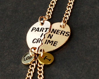 initials bracelet, PARTNERS IN CRIME bracelet, sister friendship bracelet, best friends, best bitches, broken heart set, sisters jewelry