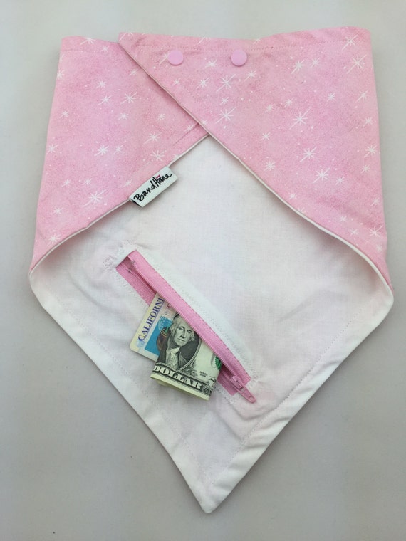 Starlight Starbright: White Star print on Pink Cotton w/Glitter & White Cotton Reversible Bandana with Zippered Pocket by BandHäna