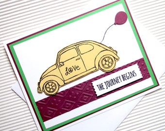 The journey begins Volkswagen card handmade stamped wedding bug beetle cute balloon purple green yellow greeting home living