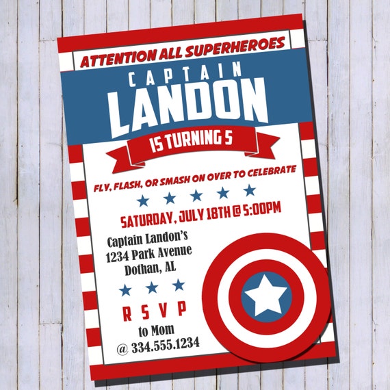 Captain America Birthday Invitation Superhero Birthday