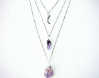 Layered Chain Healing Quartz Crystal Necklace - Amethyst, Silver Crescent Moon Boho - Rough Raw Natural Stone - Bohemian Jewellery