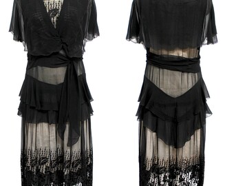 VINTAGE 20s / 1930s Black Silk Chiffon Dress- Gorgeous Details! Size XS-S