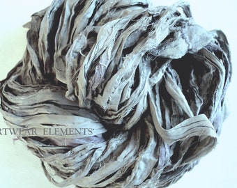 Pure Sari Silk, Vintage Art Deco Silver Gray Lavender, Fair Trade, 6 Yards, UniqueTextile, Art Yarn, Yarn, Ribbon, ArtWear Elements #9b