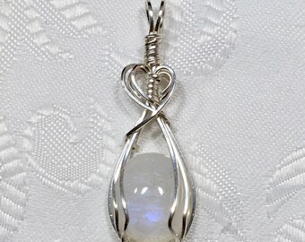 Rainbow Moonstone Pendant, Sterling Silver, Wire Wrapped
