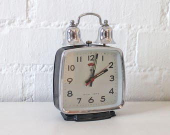 Vintage Alarm Clock Two Bell Large Working clock Black and Silver metal - Retro alarm clock 60s - 70s
