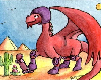 Red dragon skateboard kneepads helmet desert miniature art ATC Gift Art Trading Card Whimsical - Original ART ACEO Watercolor - Katie Hone