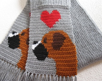 Gray Boxer scarf. Grey crochet scarf with boxer dogs and red hearts. Knitted boxer scarf. Tapestry crochet boxer dog gift
