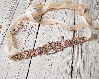 Bridal Sash, Champagne Bridal Belt, Rose Gold Wedding Belt, Rhinestone Sash, Wedding Sash,Maternity Sash, Bridal Sash, Bridesmaid Sash