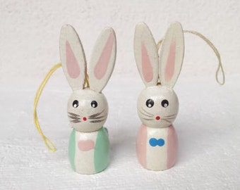 2 Vintage Easter Ornaments or Spring Decorations , Tiny Bunny Rabbit Ornaments, Hand Painted Wood Easter Rabbit Ornaments, Easter Decoration