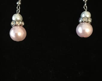 Pink and white glass bead drop earrings