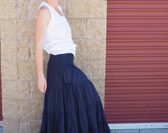 Gauze Gypsy Tiered Maxi Skirt in NAVY // Pockets, Natural Fiber, Flexible Waistband / Breathable Elegance!
