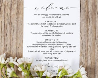Welcome Itinerary 5x7 Wedding Guest note, Welcome letter template, "Wedding" printable wedding welcome, Wedding Ideas, Edit in WORD or PAGES