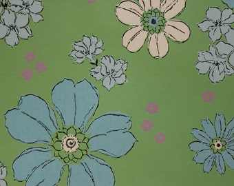1960s Vintage Wallpaper Retro Blue and White Flowers on Green by the Yard