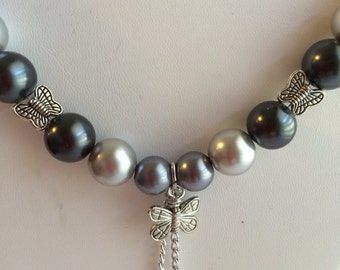Shades of Grey Pearl Necklace with Butterfly Accents