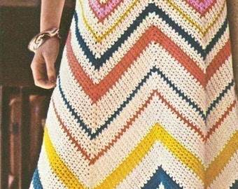 Vintage 1970s Boho Dress Chevron Crochet Maxi Sun Beach Dress Pattern PDF 7402 Bust 34 36 70s S M Small Medium