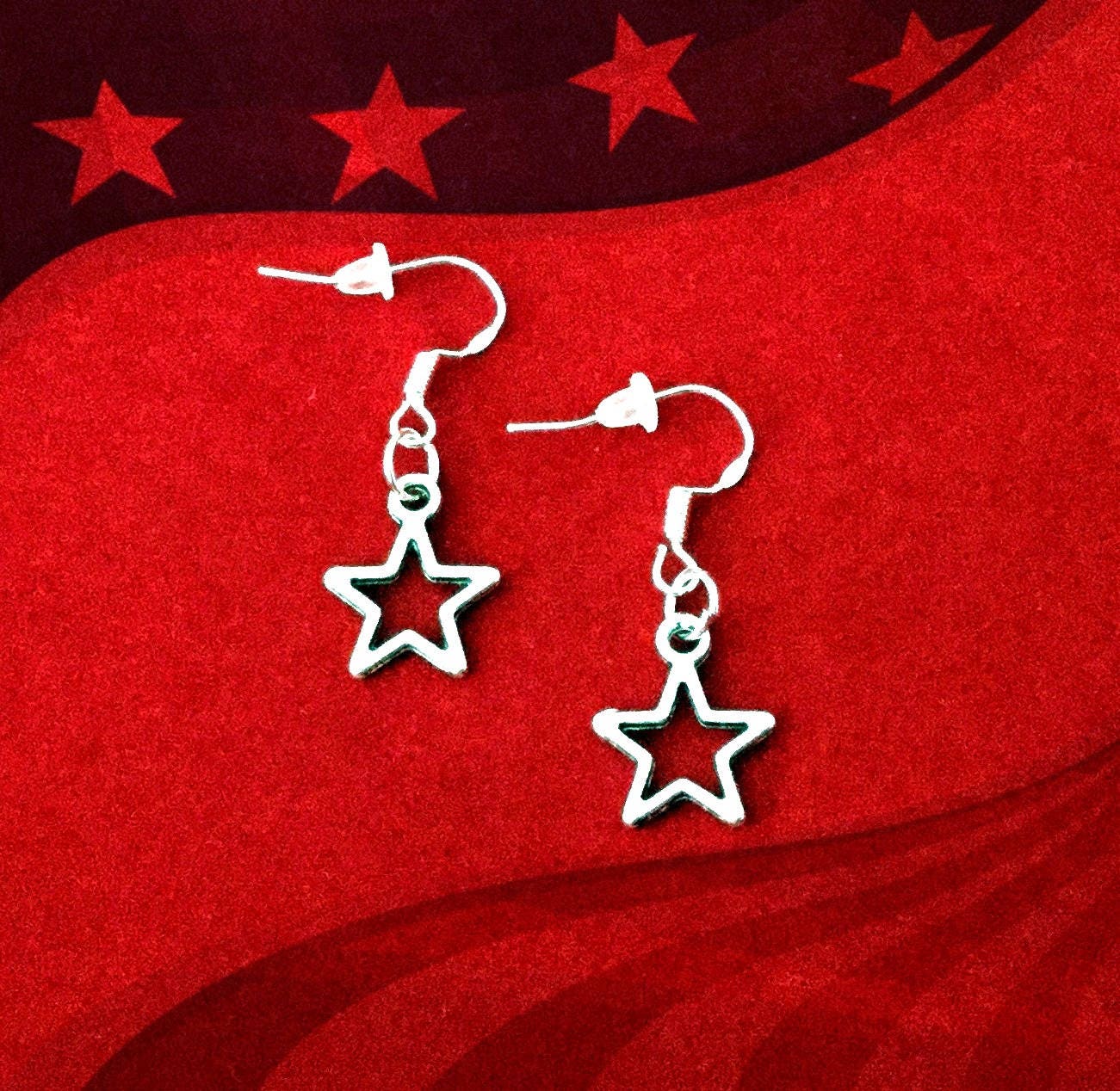 50 SALE July 4th Jewelry..Silver Star Earrings..American Flag