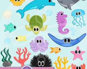 Sealife / Underwater - 23 Sea Creatures Clipart - Dolphin, Shark, Starfish, Sea Urchin, Jellyfish, Blowfish, Turtle, Seahorse and more! PNGs
