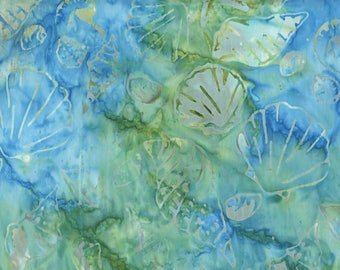 BATIK - Seashells: Teal, Moss Green Quilt Fabric (By the Half Yd)