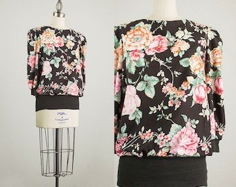 90s Vintage Black Floral Print Slouchy Puff Sleeve Tunic Blouse / Size Medium