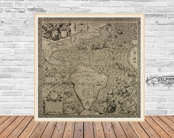 Ancient map of the Americas, 1562, very old map of North and South America, vintage decor,fine art print