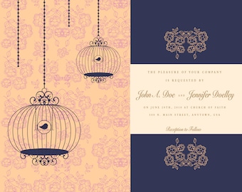 Wedding Invitation - Birdcages- Peach