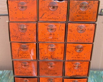 Vintage Dorman Products Green and Orange Metal Industrial Cabinet 15 Drawers Retro Metal Storage Cabinet Organization Bins Nut Bolt Cabinet