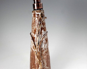 Pottery soap or lotion pump dispenser, ceramic soap dispenser with dark copper pumper, tall stoneware soap pump, ceramic detergent pump