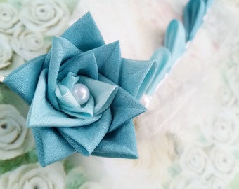 Teal Rose Silk Kanzashi Flower Hair Clip