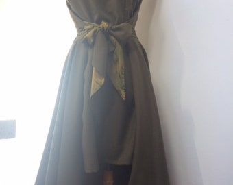 1950's Walkaway dress Khaki wool mix uk size 8 10 12 adjustable wrap faltering waist tie rockabilly pinup